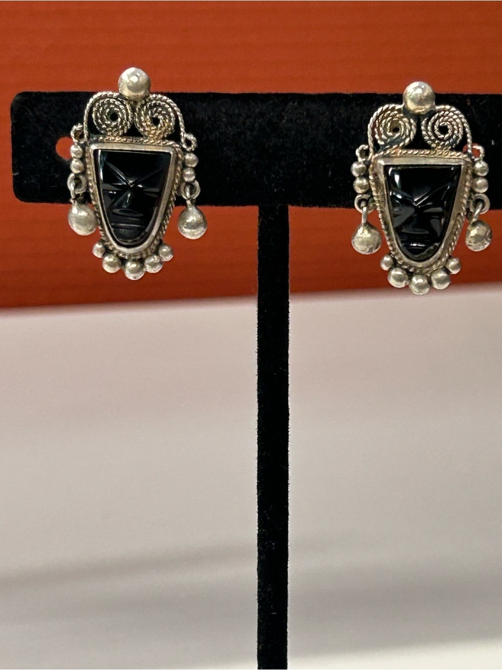 Vintage Pre-1948 Mexican Sterling Silver Carved Onyx Aztec Mayan Mask earrings